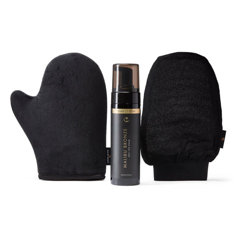 Malibu Bronze 1 Hour Dark Sunless Tan Foam Glow Bundle that produces a deep, rich realistic sunkissed glow and includes the Velvet Mitt and Magic Exfoliate Mitt!