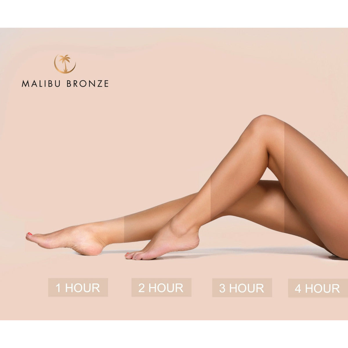 Color guide showing Malibu Bronze tan foam effect at the 1 hour, 2 hour, 3 hour, 4 hour mark.